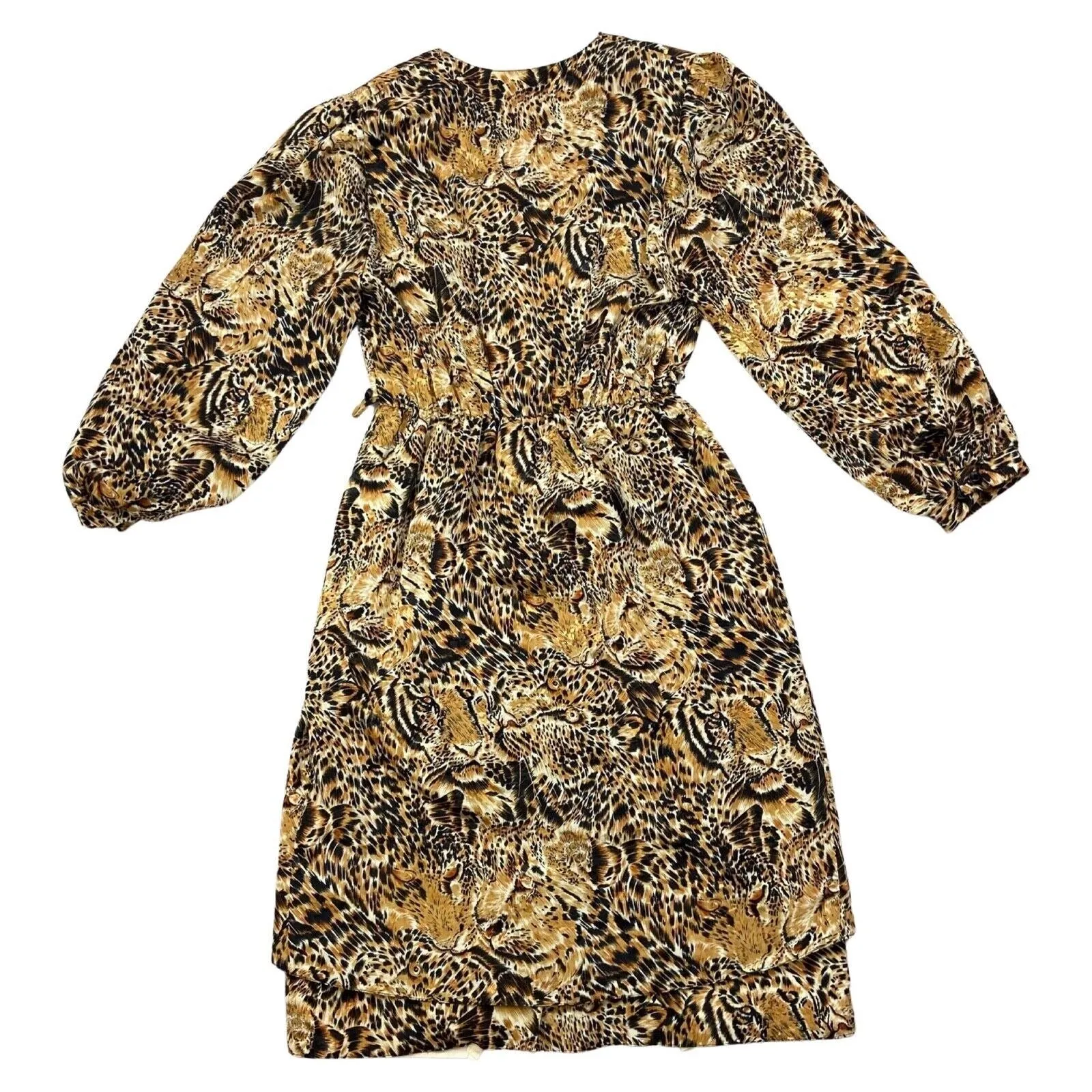 Vintage 80s Brown Orange Black Leopard Graphic Print Wrap Around Dress L