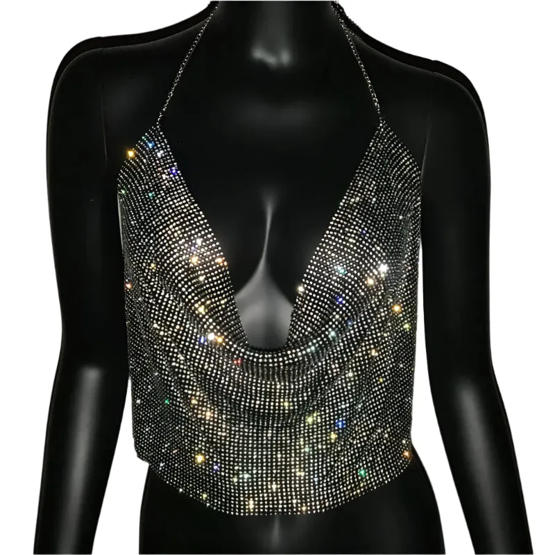 Women's Glitter Rhinestone Backless Crop Top - V-Neck Festival Party Tank, Summer Evening Metal Bralette
