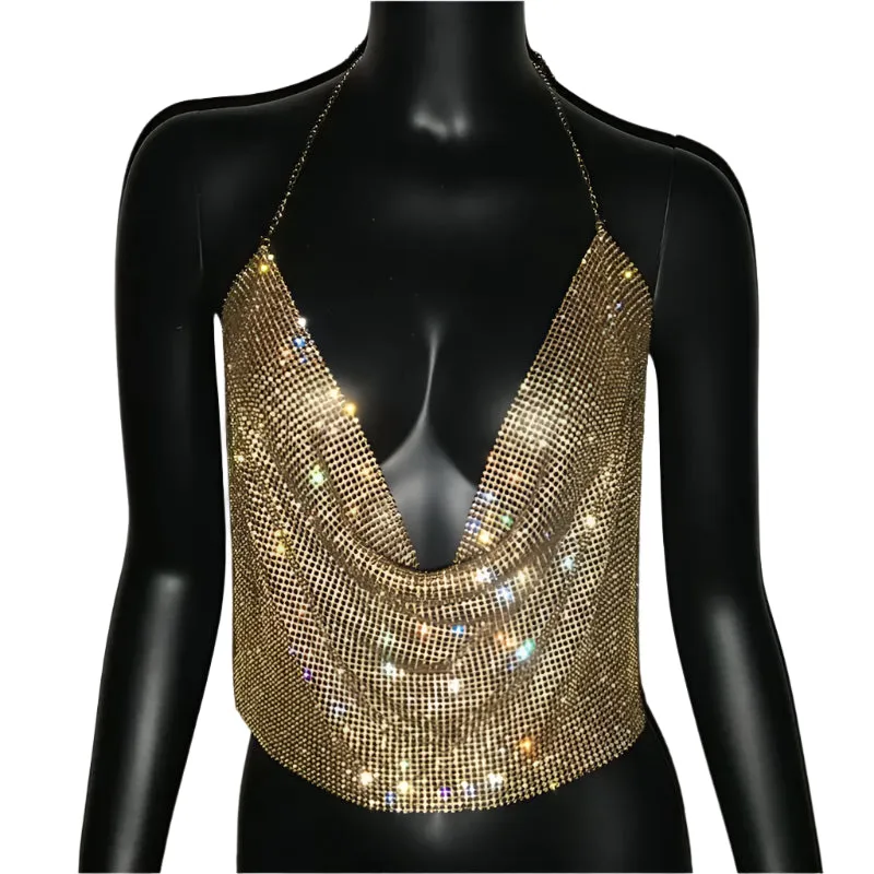 Women's Glitter Rhinestone Backless Crop Top - V-Neck Festival Party Tank, Summer Evening Metal Bralette